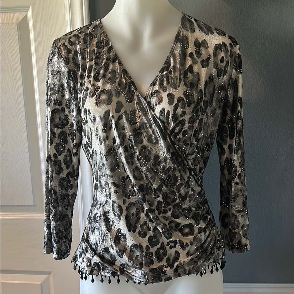 Dress Barn Leopard Print Embellished Wrap Top